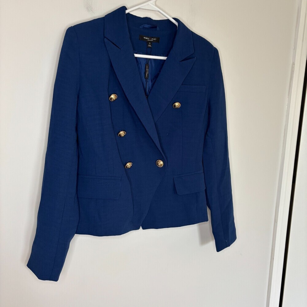 ROMEO + JULIET COUTURE NEW Cropped Blazer Womens M Navy Buttons Pockets $195 rtl